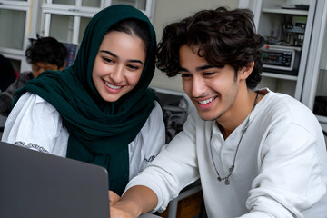 Young Students Collaborating on a Project in a Classroom, Smiling and Using a Laptop, Modern Learning Environment