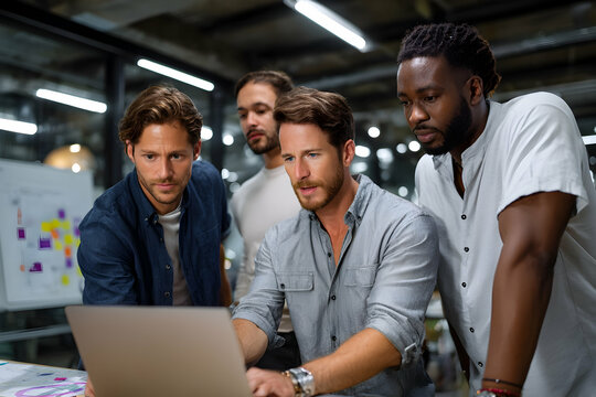Team Collaboration in Modern Office With Diverse Professionals Analyzing Data on Laptop for Business Strategy Planning, Success