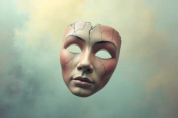 Mental Health..A cracked mask floating in smoky pastel hues of coral, gray, and yellow, symbolizing inner identity. AI-generated