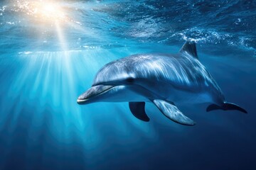 Fototapeta premium Graceful dolphin swimming underwater, bathed in sunlight.