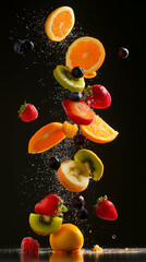 a dynamic shot of fresh fruit falling against a dark background with a splash