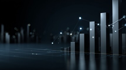 Abstract 3D bar graph showing upward trend illuminated nodes connecting data points Dark background