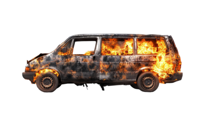 High-resolution transparent PNG cutout of a minivan engulfed in raging engine fire with extensive charred metal, billowing smoke, and crash damage—perfect for emergency response, safety training