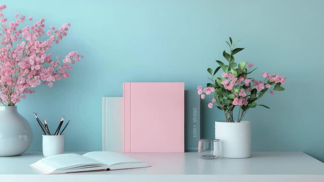 A minimalist workspace with pink notebooks, flowers, and office supplies on a white desk