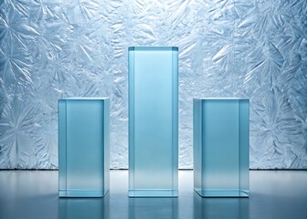 Three frosted light blue glass rectangular pedestals stand in front of a textured icy blue background with a reflective surface