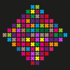 Colorful plus mosaic. Diamond pixel cluster. Vibrant crosses Vector. Black contrast emblem.