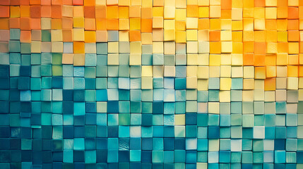 mosaic of wood blocks in a blue to orange gradient