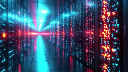 A modern server room with vibrant blue and red lighting - Powered by Adobe