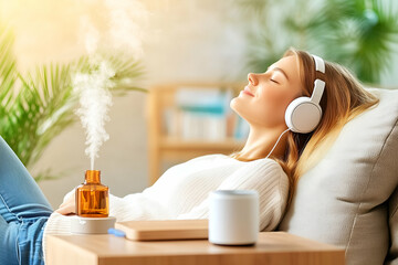 a young woman meditating with eyes closed, enjoying aromatherapy and relaxation