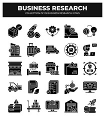Collection of 25 Business Research Icons:  Visualizing Market Analysis. Financial Research. and Business Strategies