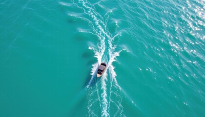 Aerial View of a Small Boat Creating Waves in Sparkling Turquoise Water Under Bright Sunshine in a Serene Seascape