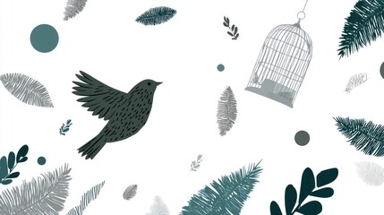 A bird in flight, surrounded by leaves and feathers