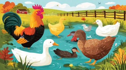 Colorful farm animals by a pond