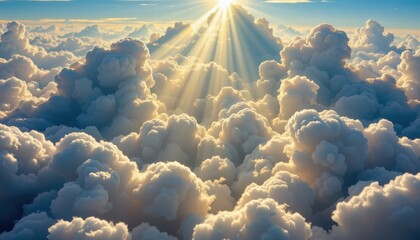 Majestic Sunlight Breaking Through Fluffy Clouds in a Blue Sky with Soft Golden Rays Illuminating the Sky on a Peaceful Day