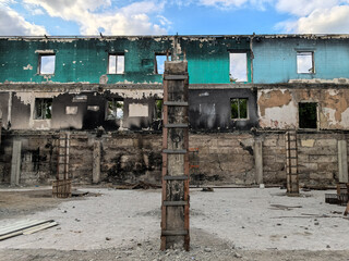destroyed and burned houses in the city in Ukraine