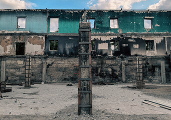 destroyed and burned houses in the city in Ukraine