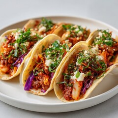 Six Tacos Filled with Meat and Kimchi on a Plate