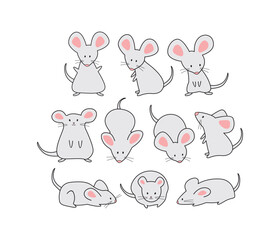 Collection of Hand Drawn Adorable Cartoon Mice with Outline