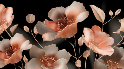 Luxury Rose Gold Flowers on Black Background, Elegant Floral Line Art Design Wallpaper Illustration