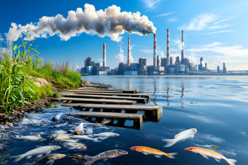 the contrast between industrial pollution from a factory and a clean river with fish