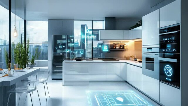 A modern smart kitchen with a city view features stateoftheart appliances and a digital interface