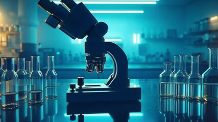 Close up of a microscope and beakers in a laboratory with a blue and yellow color scheme
