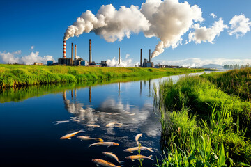 an environmental concept showing the impact of air pollution on a natural ecosystem