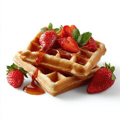 Stack of Waffles with Strawberries, Mint, and Syrup