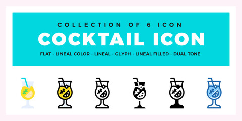 Collection of 6 Cocktail Icons. Flat. Lineal. Glyph. and More