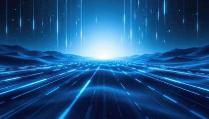 Futuristic Digital Landscape with Neon Blue Light Trails and Starry Sky Over Mountains at Night