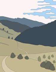 A landscape with summer mountains and sky. Flat simple vertical vector illustration for design.