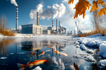 a surreal image of a power plant polluting the air next to a pristine river with life