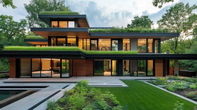 A luxurious multilevel modern house with a green roof is beautifully lit at night