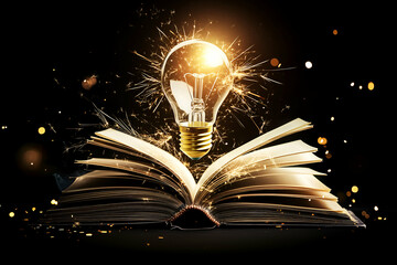 the power of knowledge: a lightbulb illuminating an open book, isolated