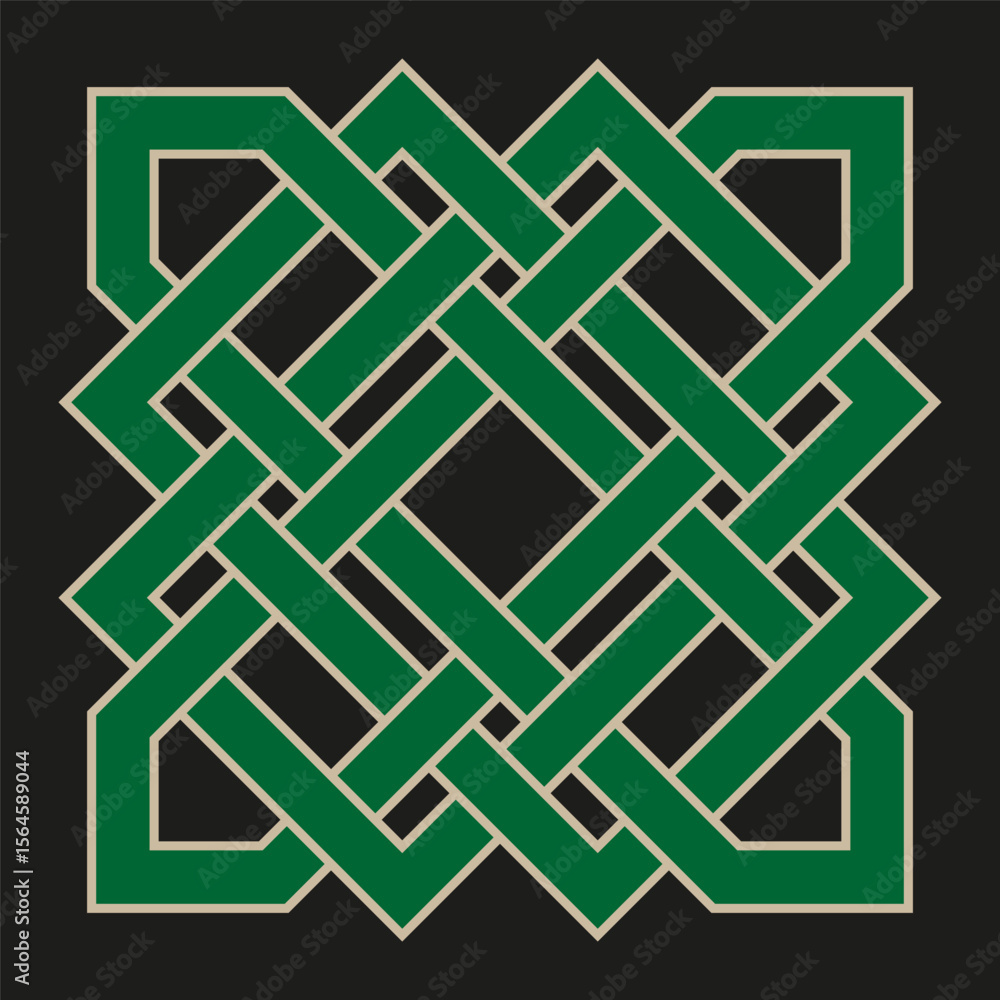 Poster green knot icon. celtic square motif. interlaced loop vector. dark backdrop emblem.