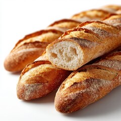 Stacked Baguettes on White Background, One Cut