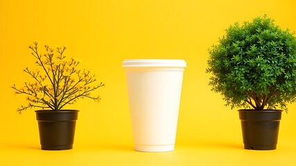 A white disposable coffee cup stands centered between a small potted yellow flowering plant and a lush green potted shrub against a vibrant yellow background