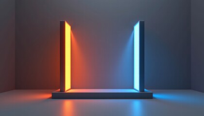 Modern Abstract Display with Orange and Blue Neon Lights in a Minimalist Setting Ideal for Artistic Concepts, Technology Backgrounds, or Futuristic Designs