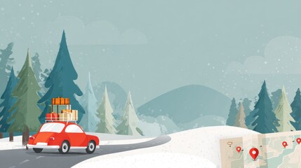Winter road trip with luggage and map