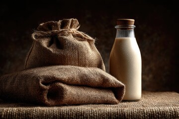 A milk bottle and burlap sacks on a textured surface.