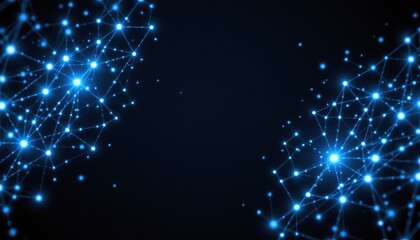 Abstract connection of glowing blue dots and lines on a dark background depicting digital network and technological communication theme for stock imagery