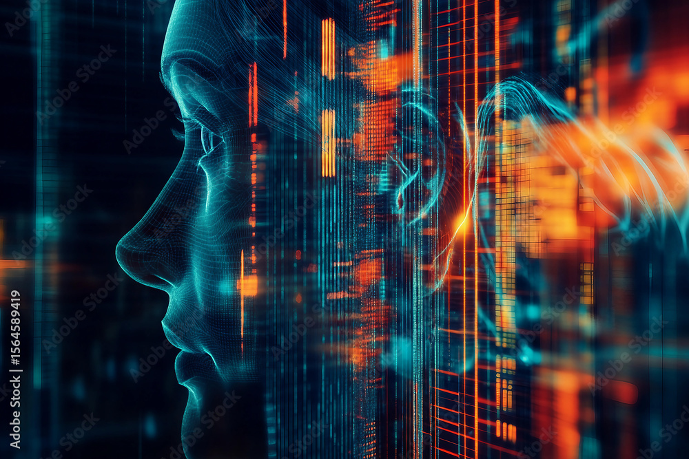 Poster generative ai concept image of sound waves acoustic signals flowing through digital wireframe portra