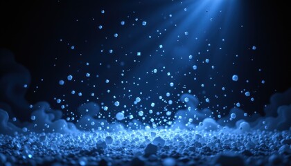 Light Rays Illuminate Small Particles Floating in a Dark Blue Background Creating a Magical Atmosphere of Depth and Dimension in an Abstract Scene