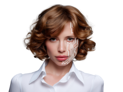 Futuristic human-machine integration digital world portrait studio close-up technology evolution