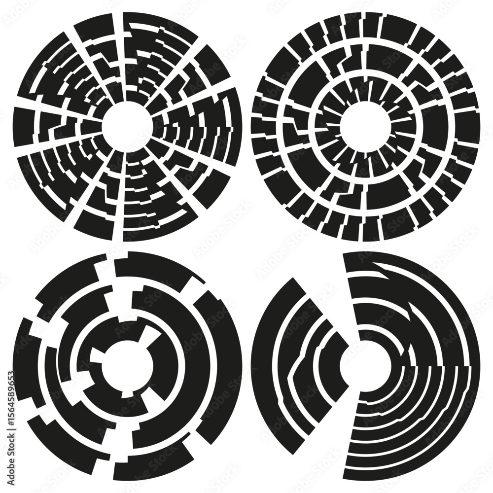 Aufkleber circular abstract patterns. black white geometric elements. optical art collection. vector digital d