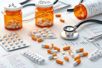medical background with various medicines, capsules, and a stethoscope