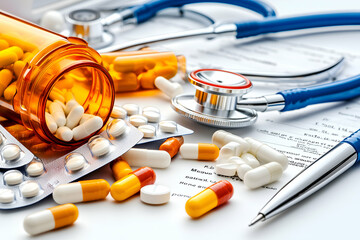 healthcare and medicine concept with various medications and a stethoscope