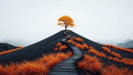 A solitary golden tree crowns a black volcanic hill reached by a winding wooden boardwalk through vibrant orange grass