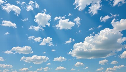 Bright Blue Sky with Fluffy White Clouds and Sunbeams Illuminating the Atmosphere in a Serene and Tranquil Outdoor Setting