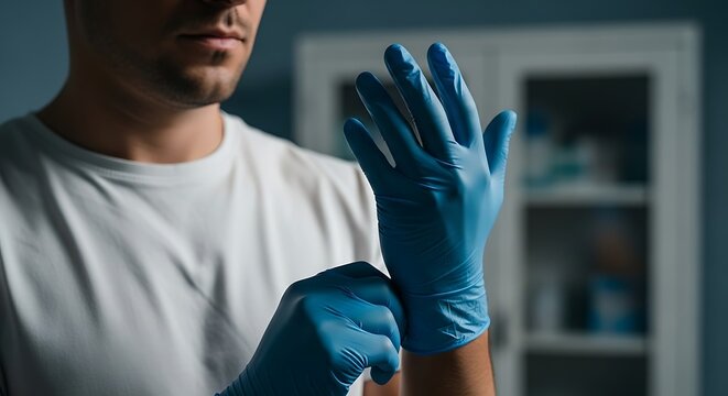 Male healthcare professional putting on blue protective nitrile gloves. Concept of medical safety, hygiene, and preparation for a procedure in a clinic.